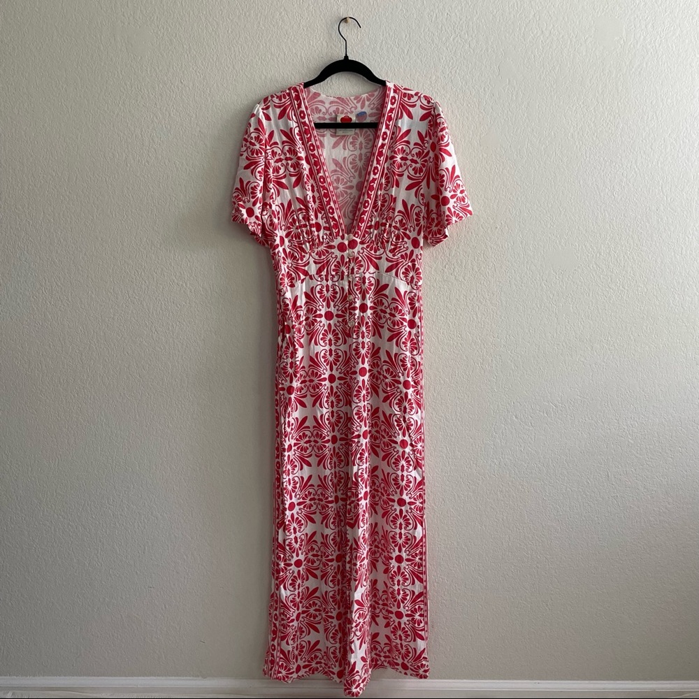 FARM RIO red white v-neck plunge carmines jumpsuit